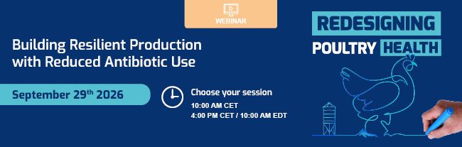 Advertisement for a webinar on building resilient poultry production with reduced antibiotic use.