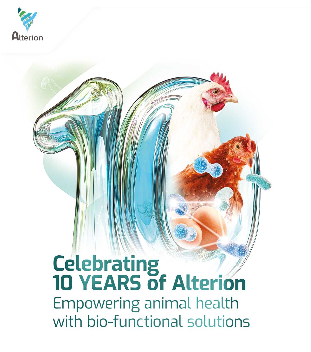 Alterion logo, a stylized '10' with animals and molecules, promoting animal health.