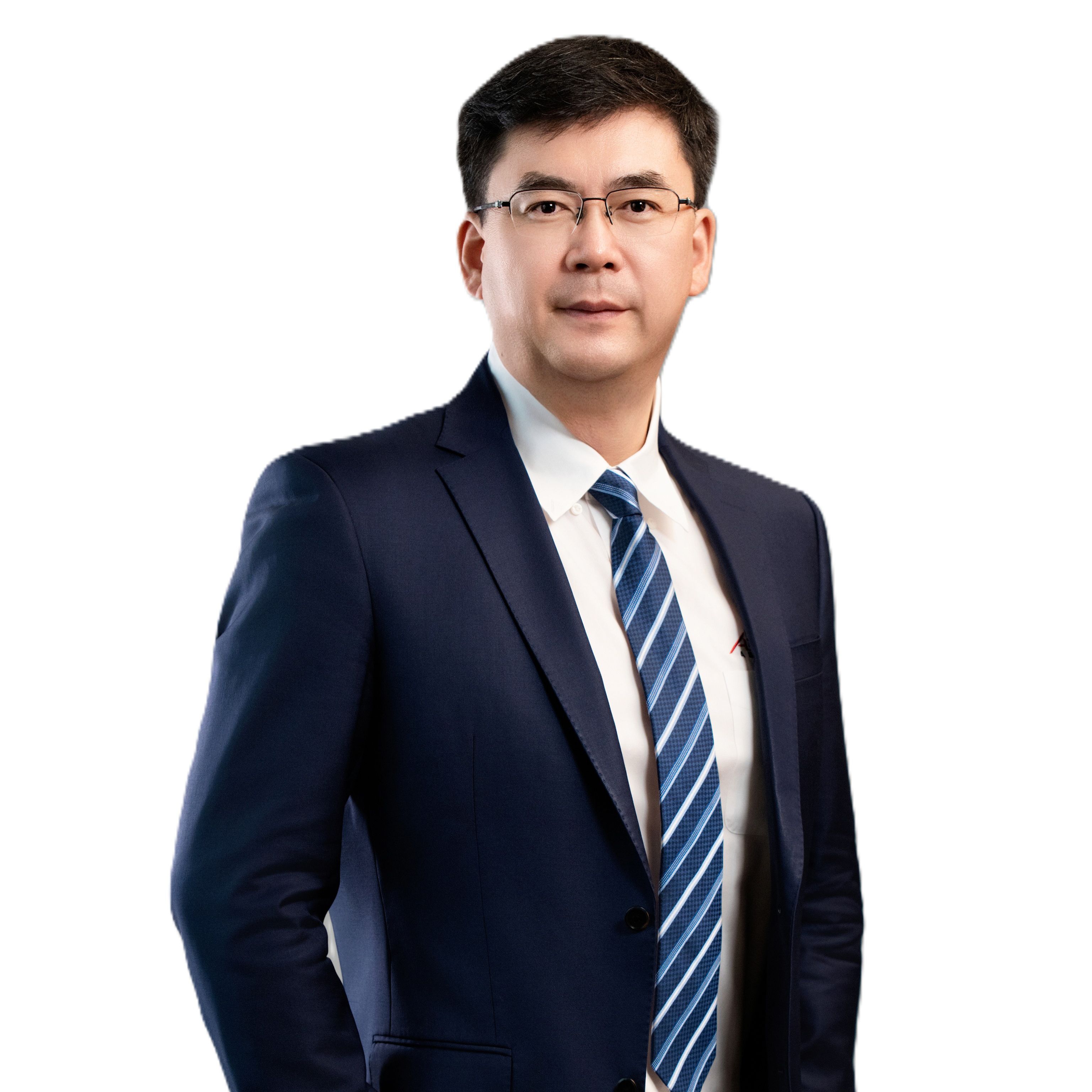 Professional portrait of an Asian man in a dark blue suit and striped tie.