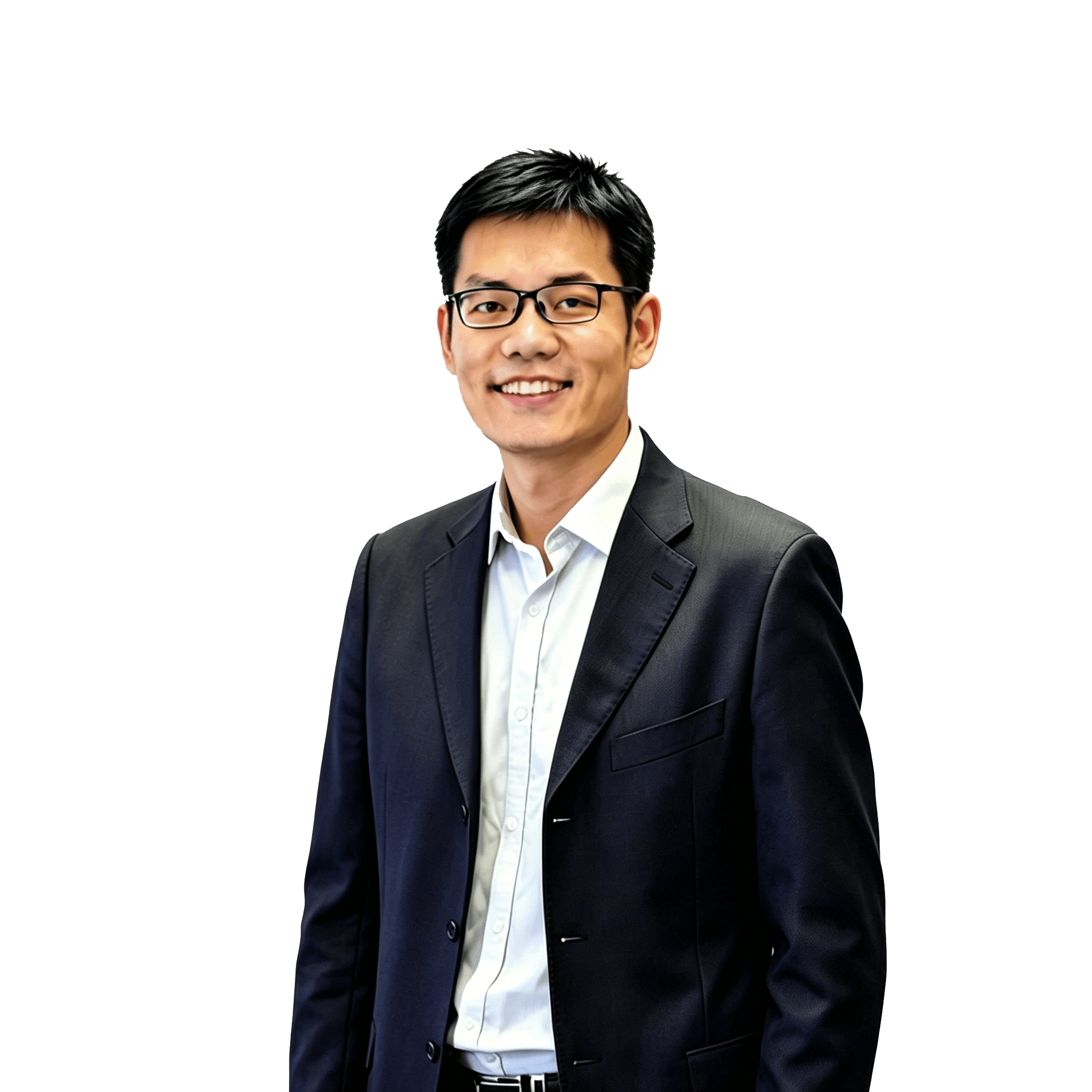 A smiling Asian man in glasses and a dark suit jacket looks at the camera.