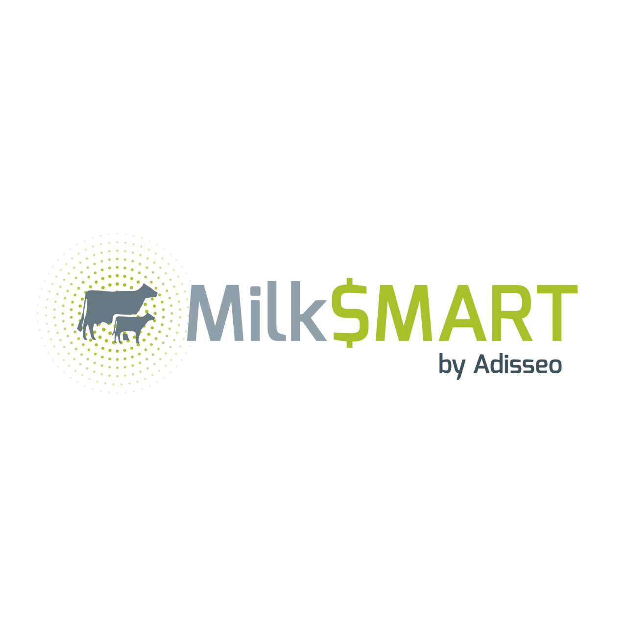 Logo Milk$MART Adisseo représentant la silhouette d'une vache et d'un veau en vert et gris.