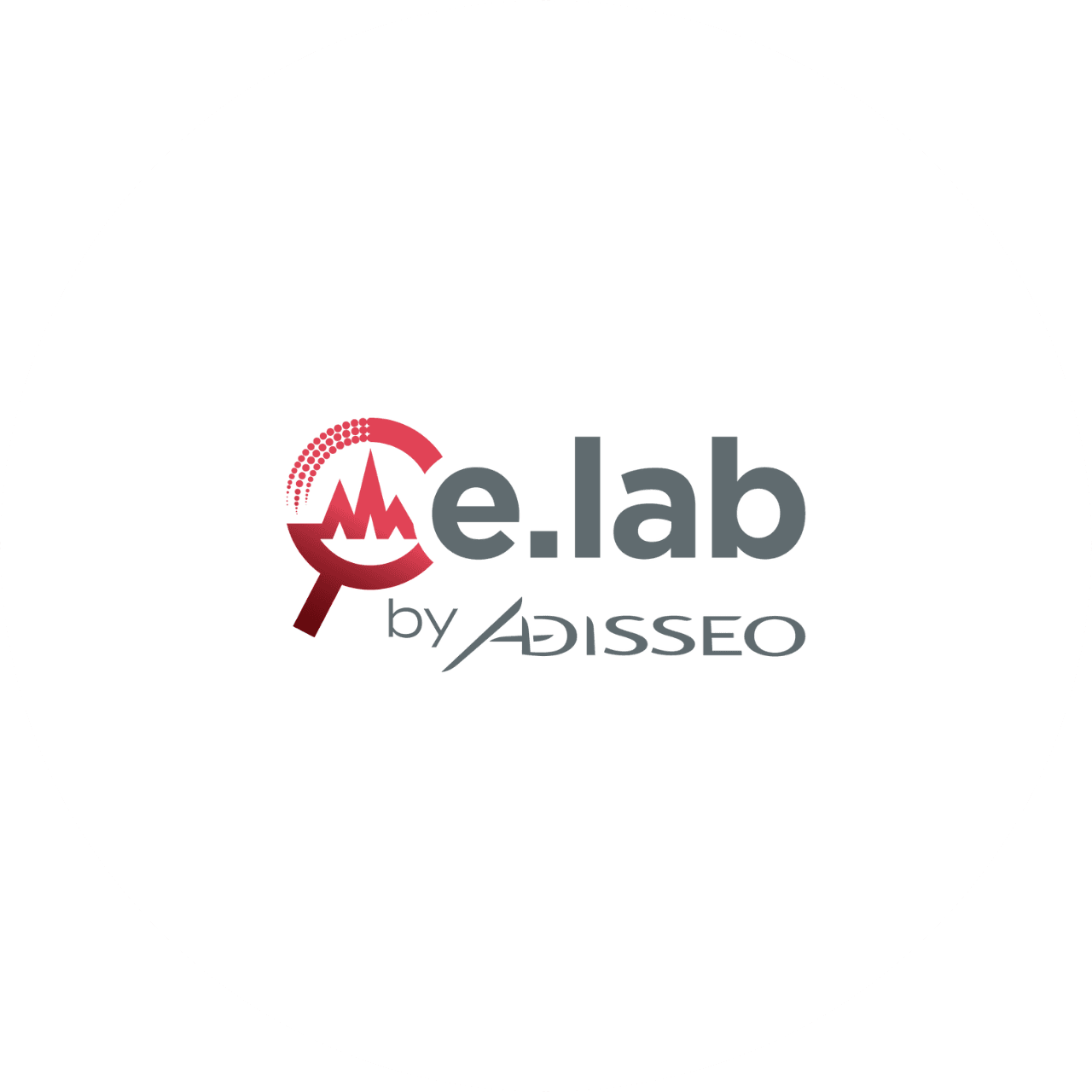 Logo E.lab by Adisseo, une loupe rouge sur une ligne représentant un battement de cœur avec un texte gris.
