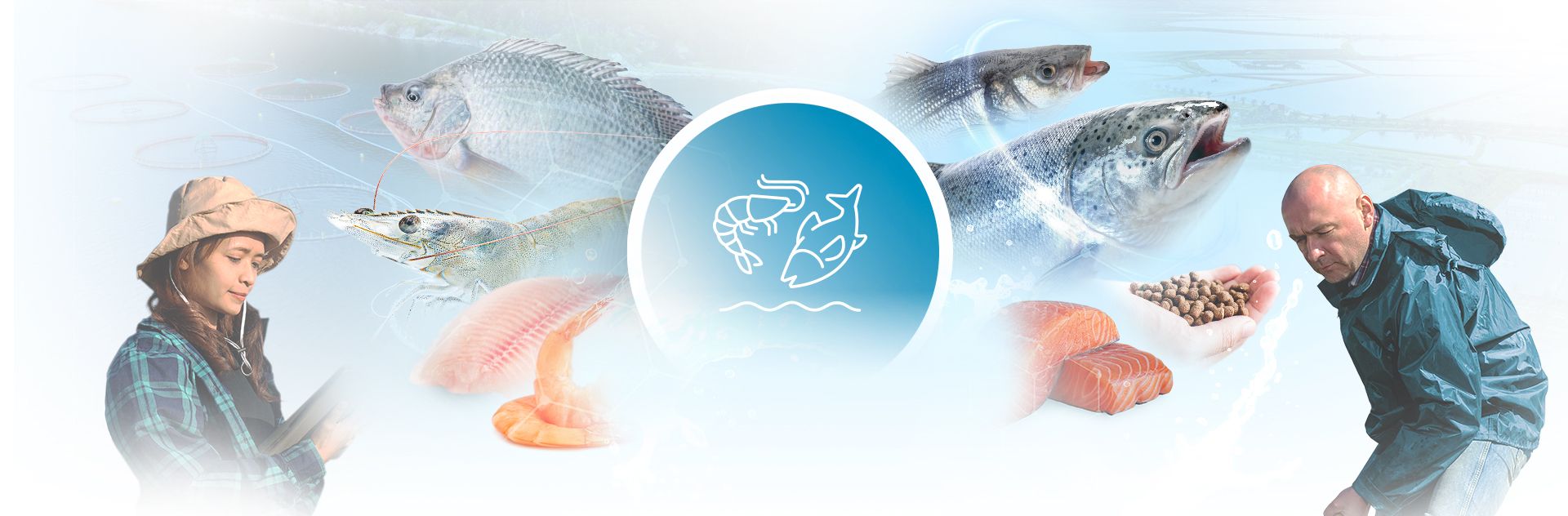 Illustration représentant deux personnes observant divers poissons, des aliments et un symbole bleu au centre.