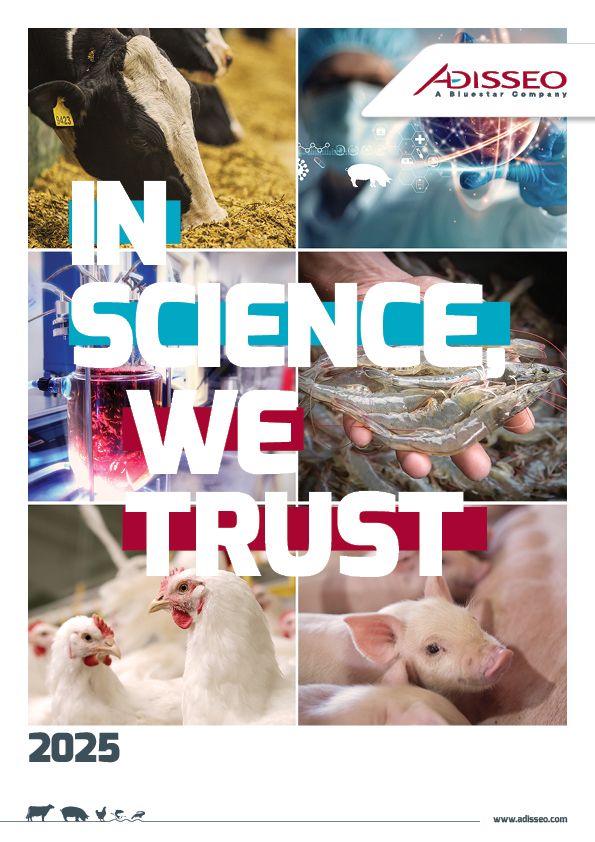 Couverture IN SCIENCE WE TRUST mettant en scène du bétail, des scènes de laboratoire et « ADISSEO 2025 ».