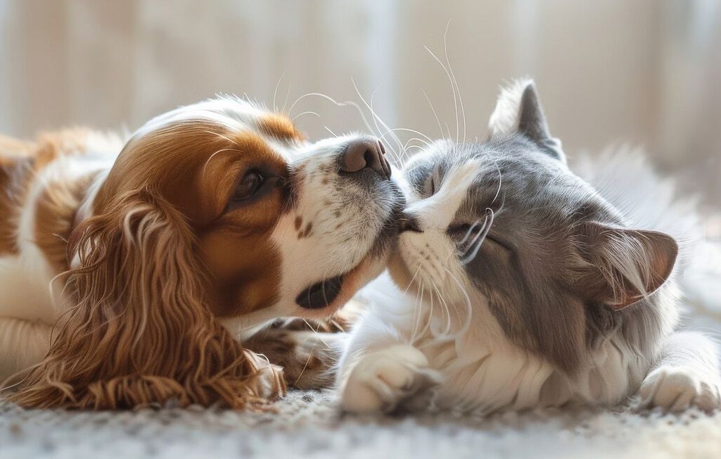 Un Cavalier King Charles Spaniel brun et blanc lèche doucement un chat gris et blanc au pelage duveteux.