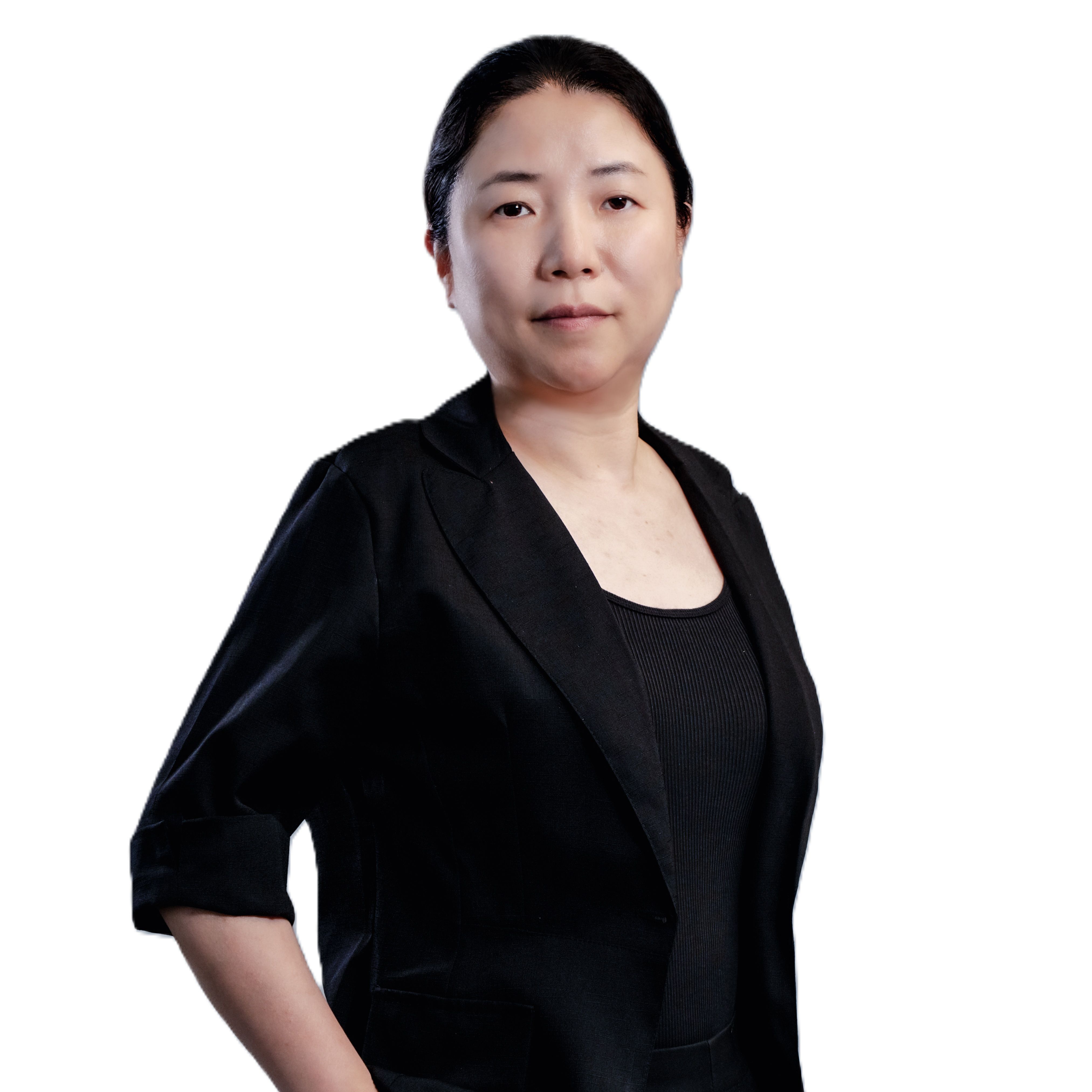 Professional headshot of an Asian woman in a black blazer against a white background.