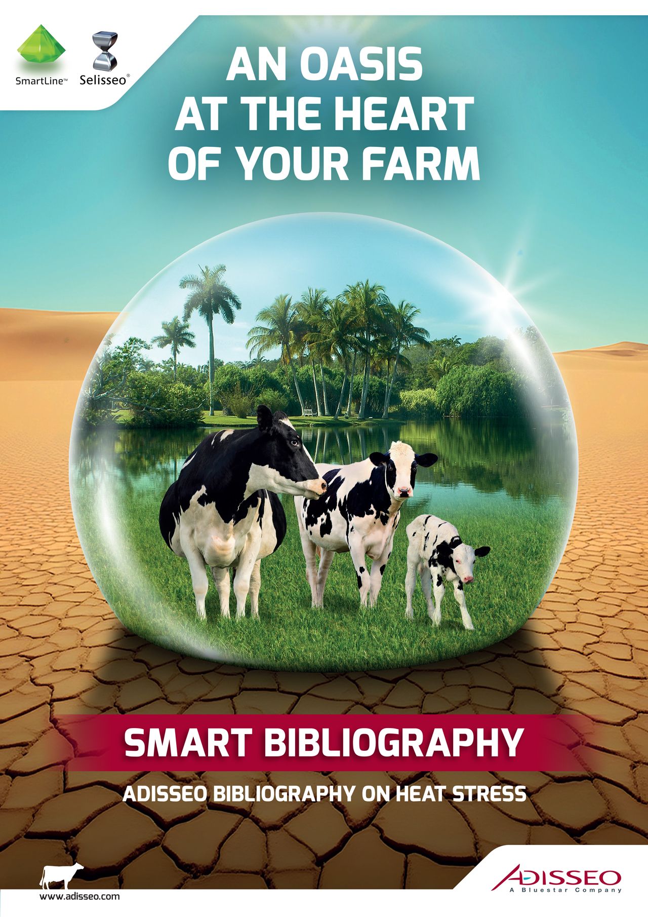 An encapsulated green oasis with cows in a barren, cracked desert.