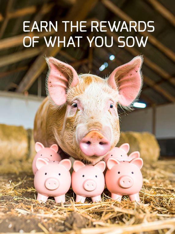 Large pig and three piggy banks with text: 'EARN THE REWARDS OF WHAT YOU SOW'.
