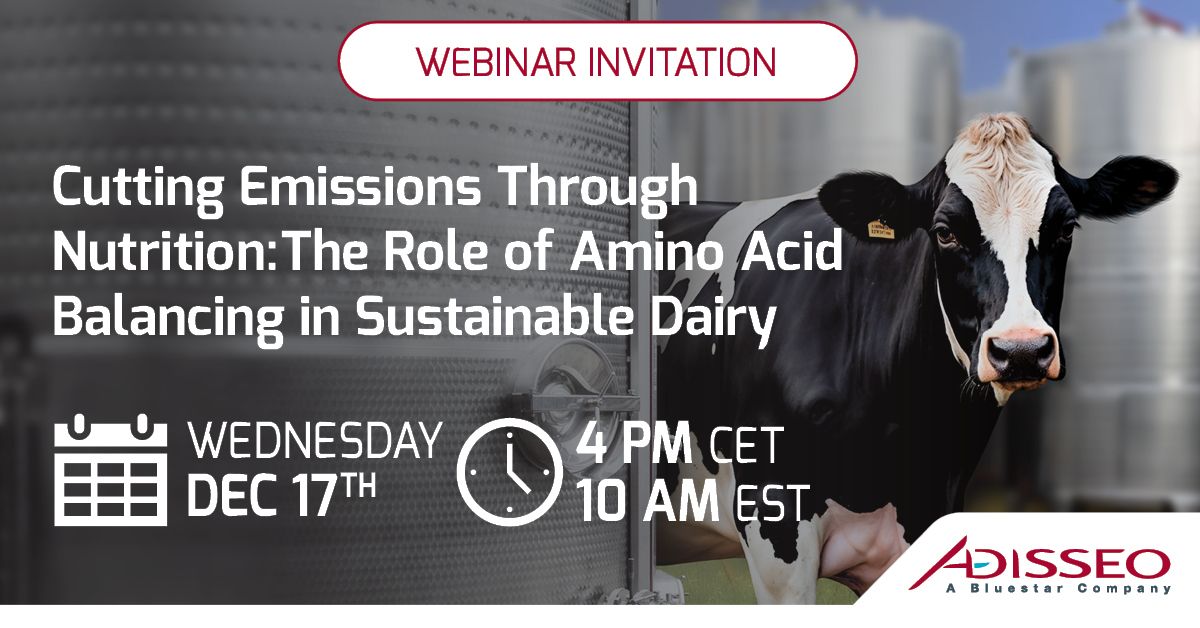 Invitation au webinaire "Réduire les émissions grâce à la nutrition" avec une vache laitière.