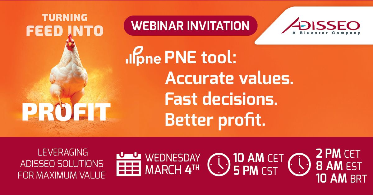 Adisseo webinar invitation, 'Turning Feed Into Profit' with a chicken and PNE tool details.