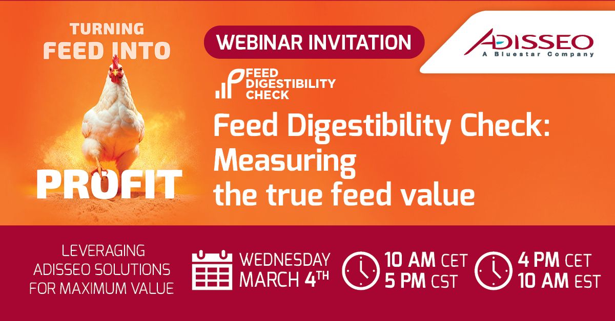 Adisseo webinar invitation for "Feed Digestibility Check" on measuring the true feed value.