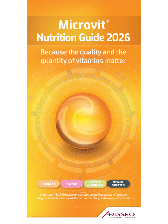 Microvit® Nutrition Guide 2026 cover with a glowing orb and sections for poultry, swine, cattle & horses, and other species.
