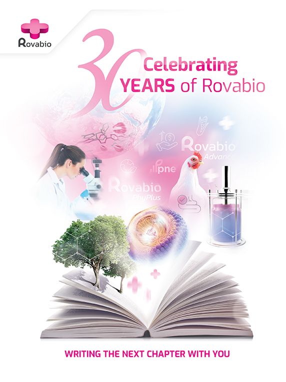 Celebrating 30 years of Rovabio®, with abstract elements and an open book.