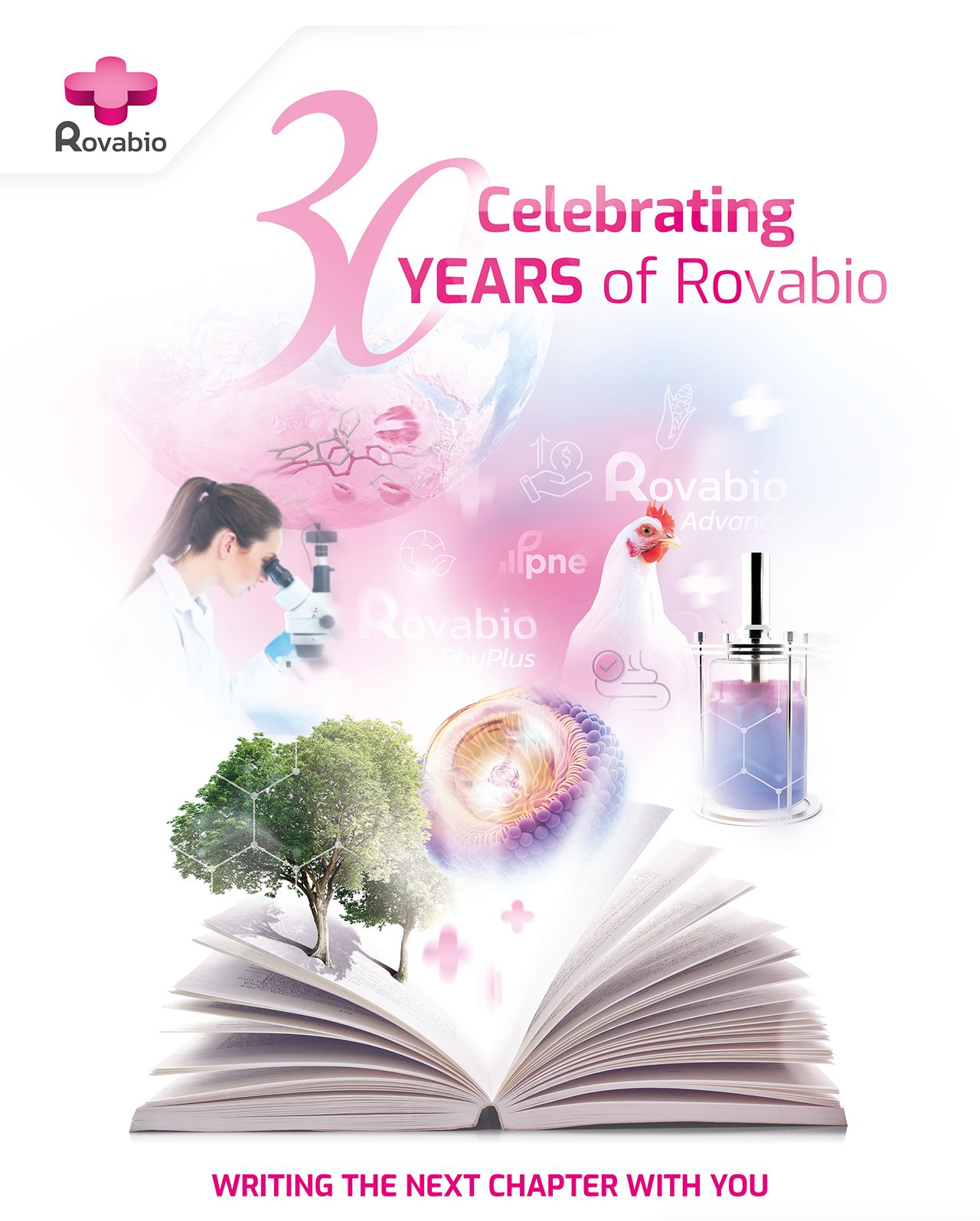 Celebratory graphic for '30 Years of Rovabio®' featuring an open book and abstract elements.