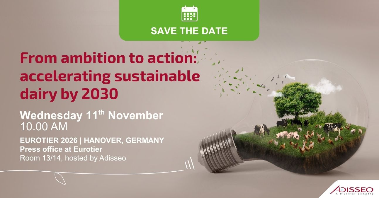 Event invitation for sustainable dairy by 2030, with an innovative lightbulb and landscape.