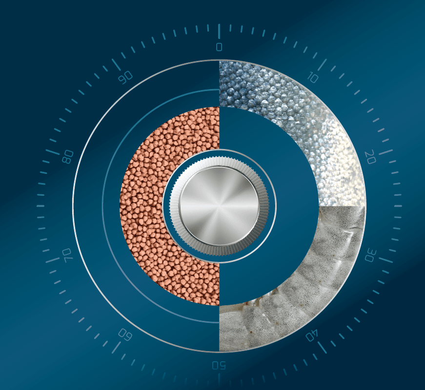 Circular dial with metallic knob and four sections displaying different material textures.