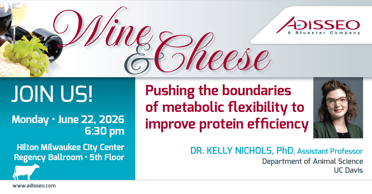 Invitation à l'événement « Vin et fromages » organisé par Adisseo, avec la participation du Dr Kelly Nichols, le 22 juin 2026.