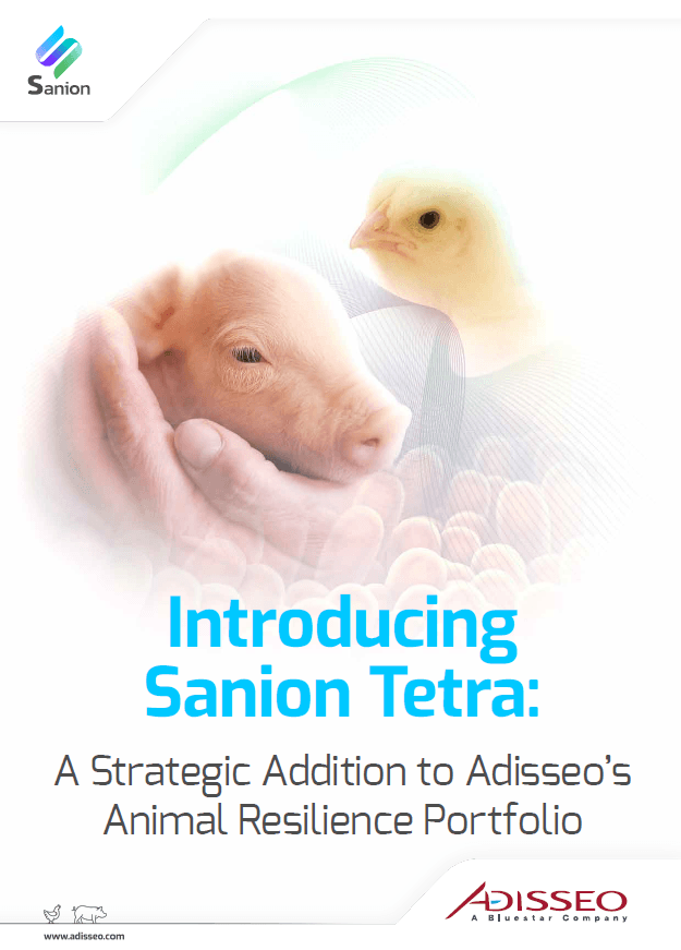 Une main humaine berce un porcelet et un poussin, avec le texte « Voici Sanion Tetra ».