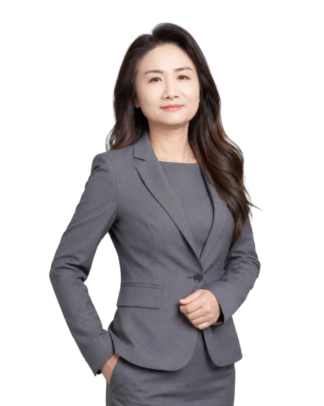 Professional Asian woman in a grey business suit, looking forward with a slight smile.